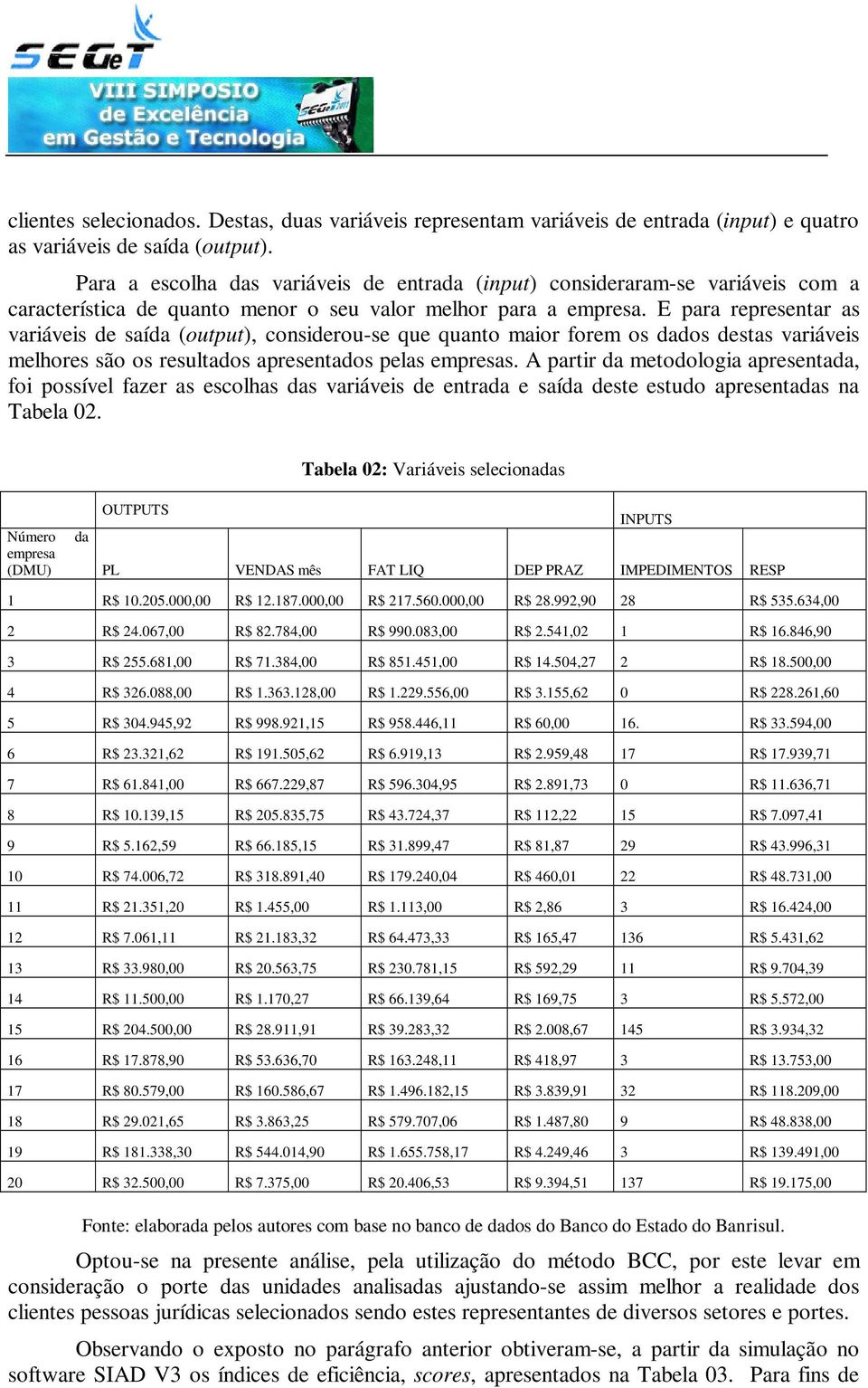 E paa epeseta as aáes de saída (otpt), cosdeo-se qe qato ao foe os dados destas aáes elhoes são os esltados apesetados pelas epesas.