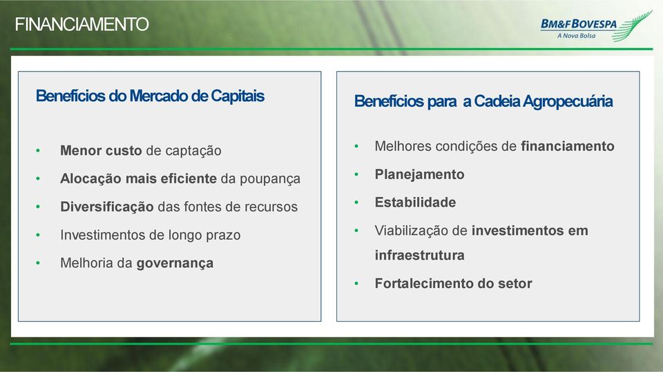 Investimentos de longo prazo Melhoria da governança Melhores condições de financiamento