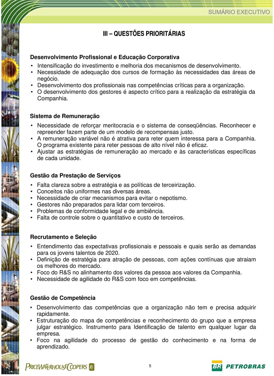 O desenvolvimento dos gestores é aspecto crítico para a realização da estratégia da Companhia. Sistema de Remuneração Necessidade de reforçar meritocracia e o sistema de conseqüências.