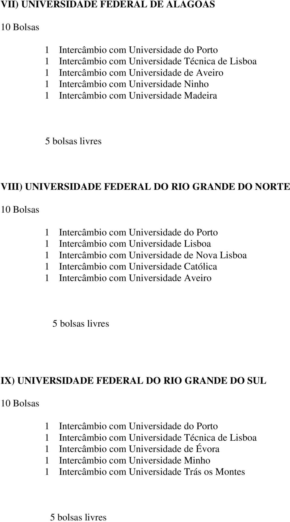 Universidade de Nova Lisboa 1 Intercâmbio com Universidade Católica 1 Intercâmbio com Universidade Aveiro IX) UNIVERSIDADE FEDERAL DO