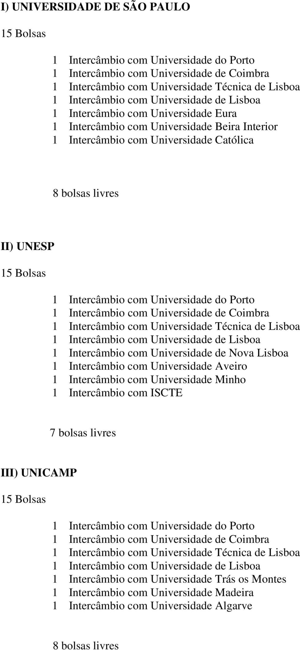 Universidade de Nova Lisboa 1 Intercâmbio com Universidade Aveiro 1 Intercâmbio com Universidade Minho 1 Intercâmbio com ISCTE 7 bolsas livres III) UNICAMP 15 Bolsas 1 Intercâmbio com