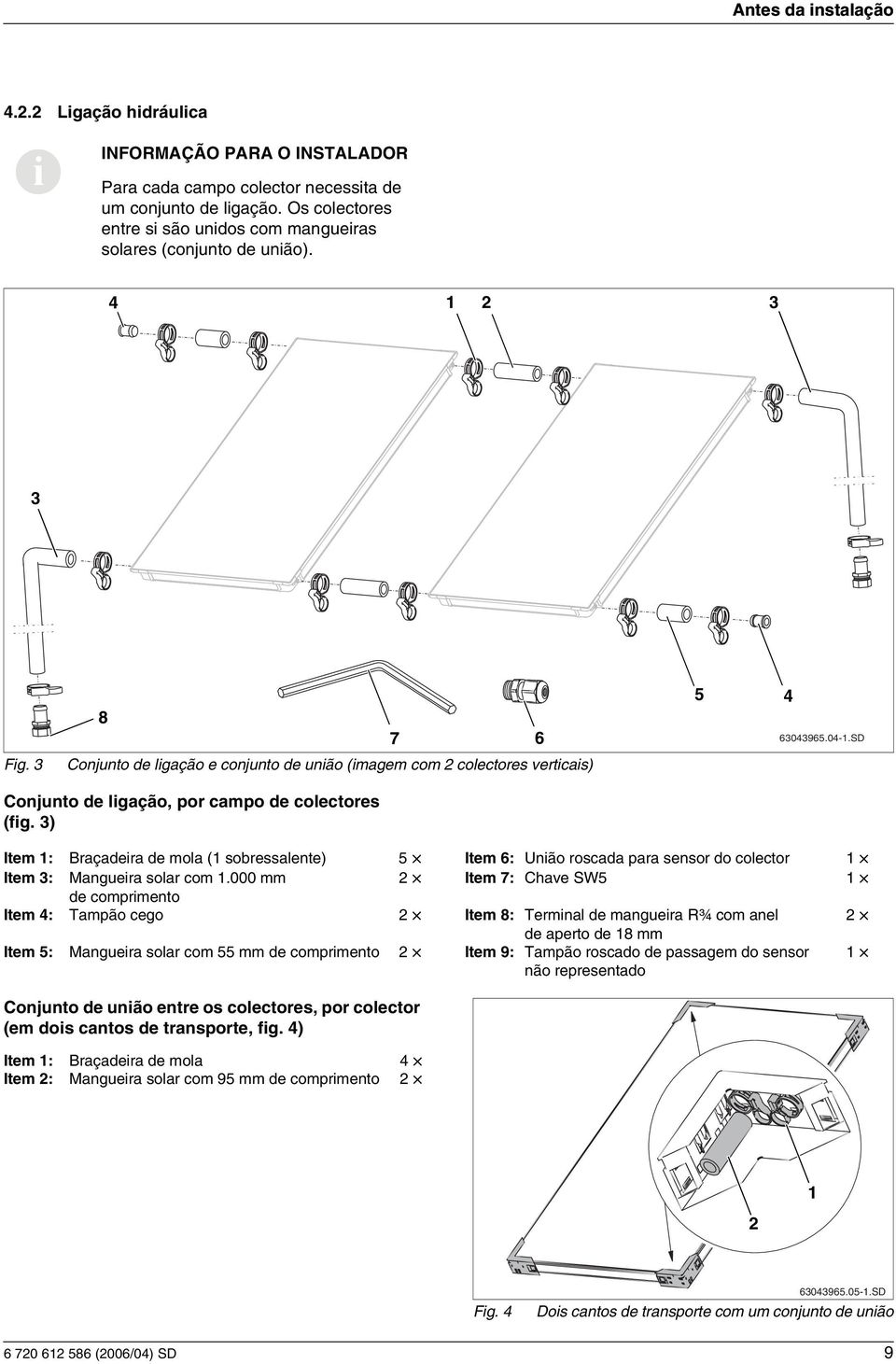 ) Item : raçadera de mola ( sobressalente) 5 Item 6: Unão roscada para sensor do colector Item : Manguera solar com.