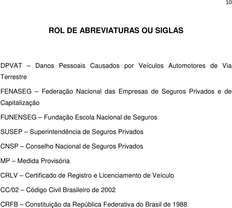 Superintendência de Seguros Privados CNSP Conselho Nacional de Seguros Privados MP Medida Provisória CRLV Certificado de