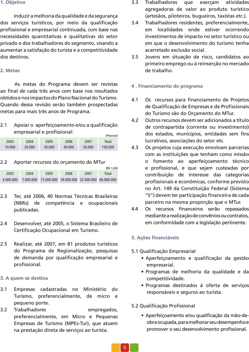 Metas As metas do Programa devem ser revistas ao final de cada três anos com base nos resultados obtidos e nos impactos do Plano Nacional do Turismo.