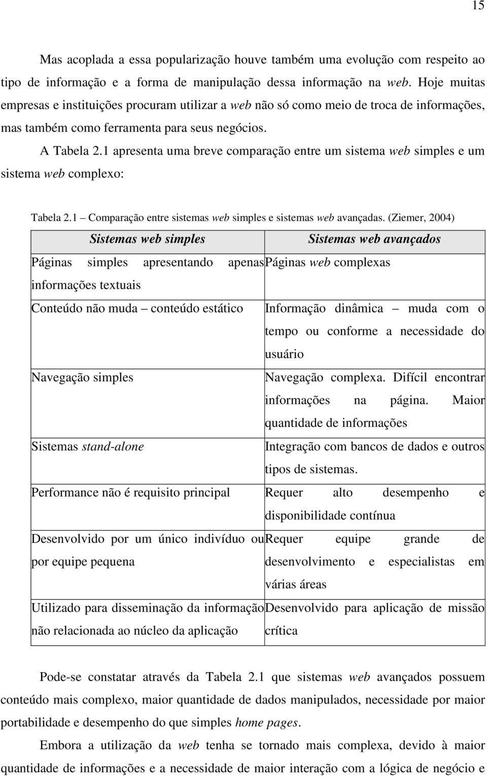 1 apresenta uma breve comparação entre um sistema web simples e um sistema web complexo: Tabela 2.1 Comparação entre sistemas web simples e sistemas web avançadas.