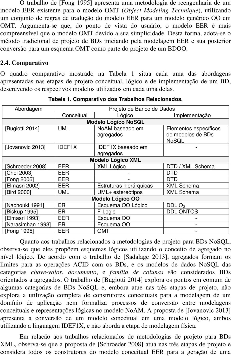 Desta forma, adota-se o método tradicional de projeto de BDs iniciando pela modelagem EER e sua posterior conversão para um esquema OMT como parte do projeto de um BDOO. 2.4.