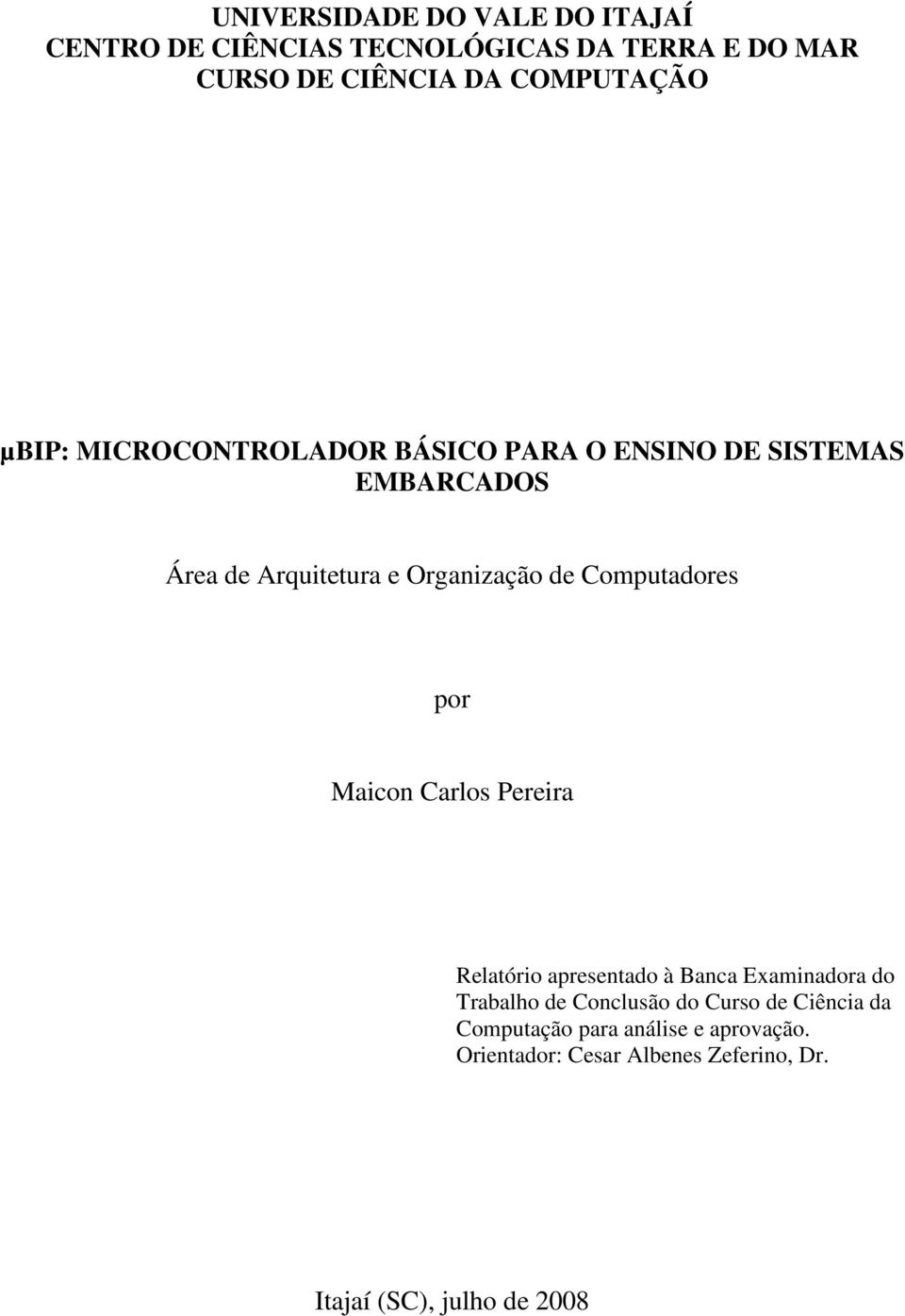 Computadores por Maicon Carlos Pereira Relatório apresentado à Banca Examinadora do Trabalho de Conclusão do