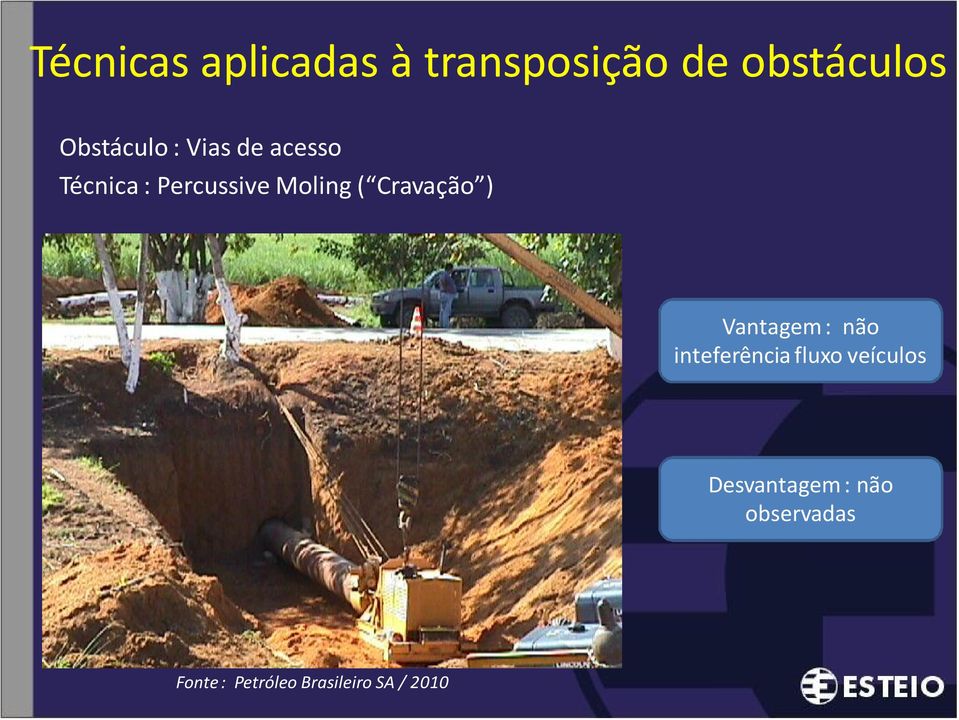 Cravação ) Vantagem : não inteferência fluxo veículos