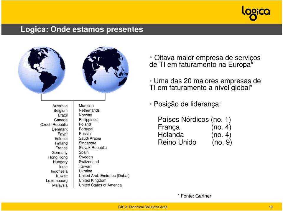 Ukraine United Arab Emirates (Dubai) United Kingdom United States of America Oitava maior empresa de serviços de TI em faturamento na Europa* Uma das 20