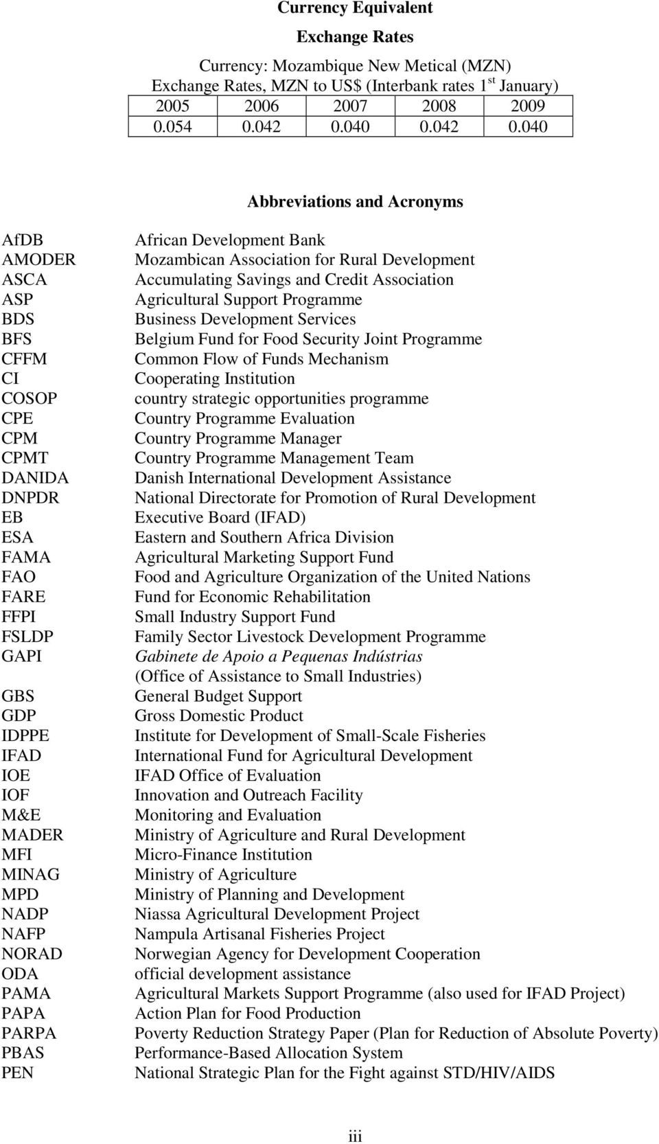 040 Abbreviations and Acronyms AfDB AMODER ASCA ASP BDS BFS CFFM CI COSOP CPE CPM CPMT DANIDA DNPDR EB ESA FAMA FAO FARE FFPI FSLDP GAPI GBS GDP IDPPE IFAD IOE IOF M&E MADER MFI MINAG MPD NADP NAFP