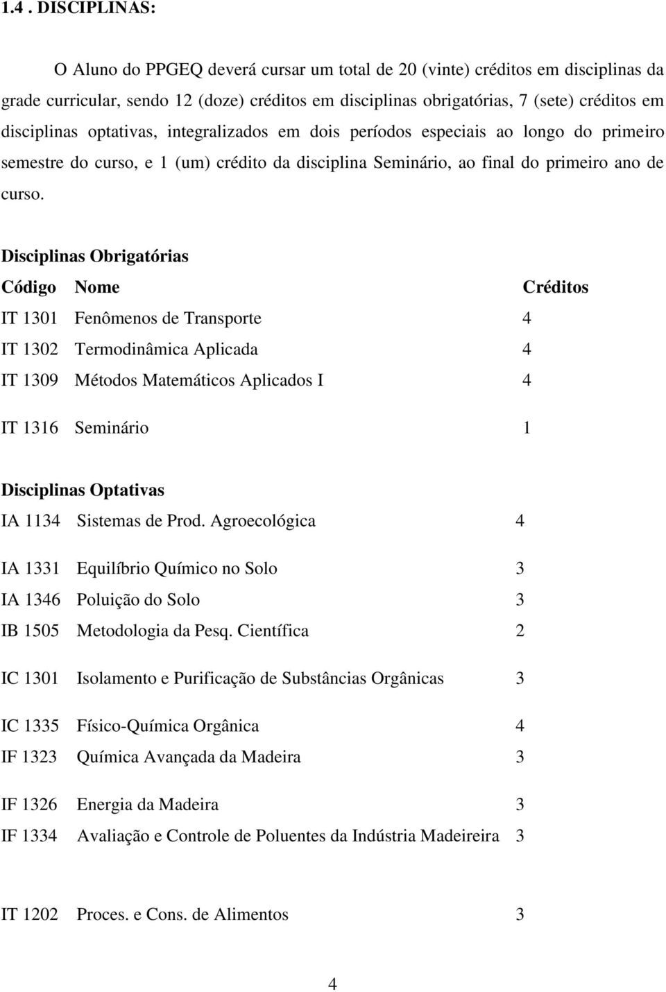 Disciplinas Obrigatórias Código Nome Créditos IT 1301 Fenômenos de Transporte 4 IT 1302 Termodinâmica Aplicada 4 IT 1309 Métodos Matemáticos Aplicados I 4 IT 1316 Seminário 1 Disciplinas Optativas IA