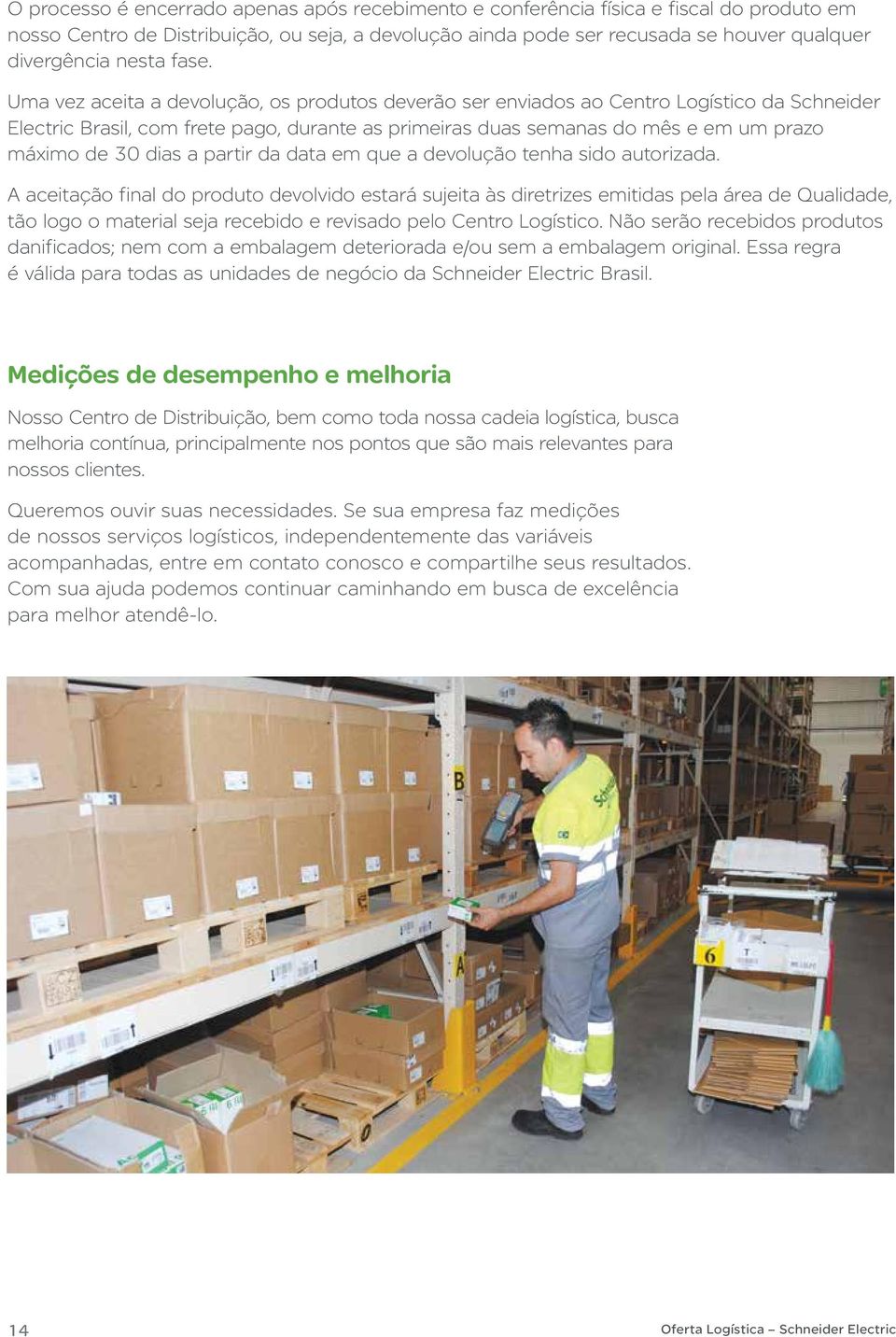 Uma vez aceita a devolução, os produtos deverão ser enviados ao Centro Logístico da Schneider Electric Brasil, com frete pago, durante as primeiras duas semanas do mês e em um prazo máximo de 30 dias