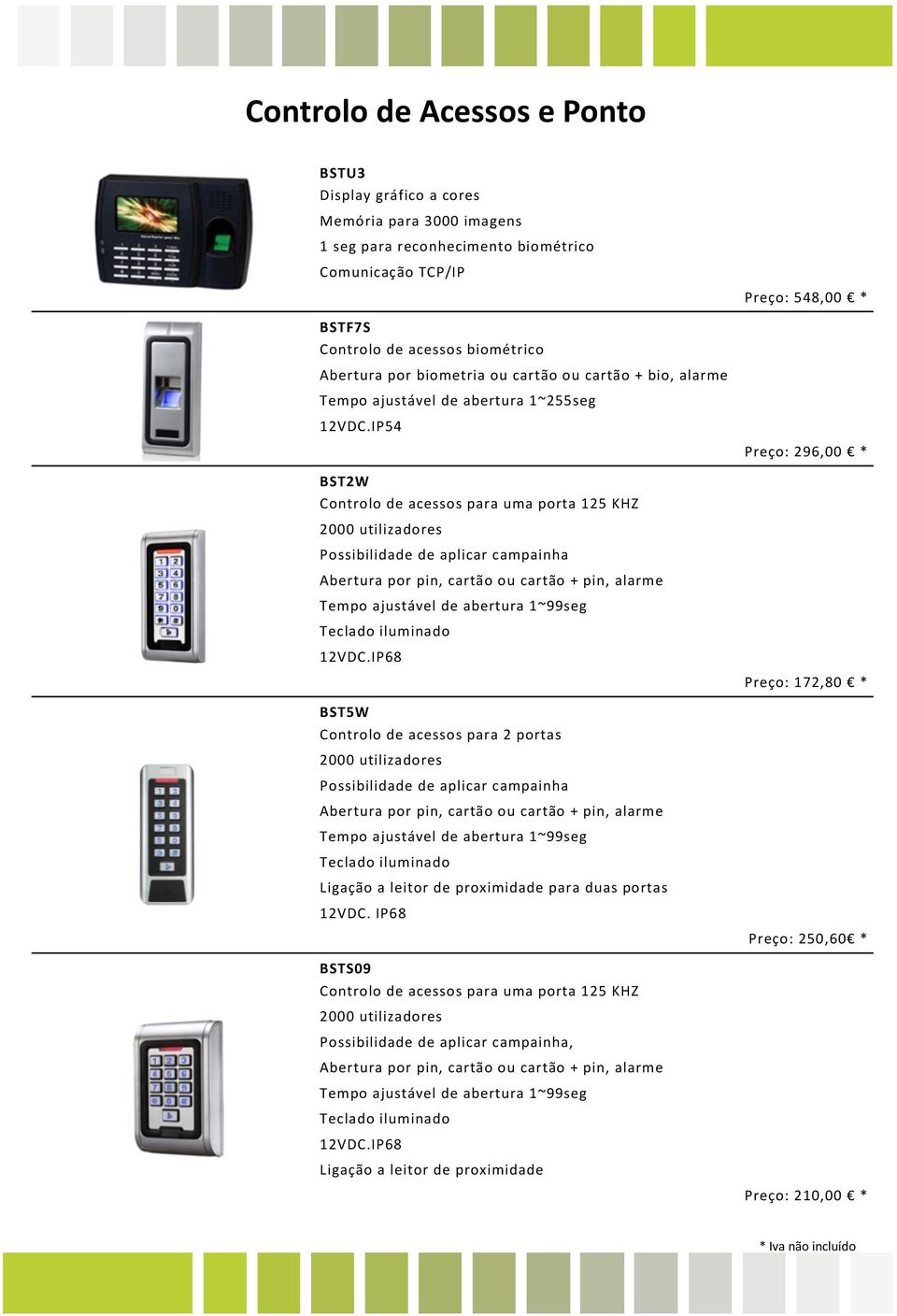 IP54 BST2W Controlo de acessos para uma porta 125 KHZ 2000 utilizadores Possibilidade de aplicar campainha Abertura por pin, cartão ou cartão + pin, alarme Tempo ajustável de abertura 1~99seg Teclado