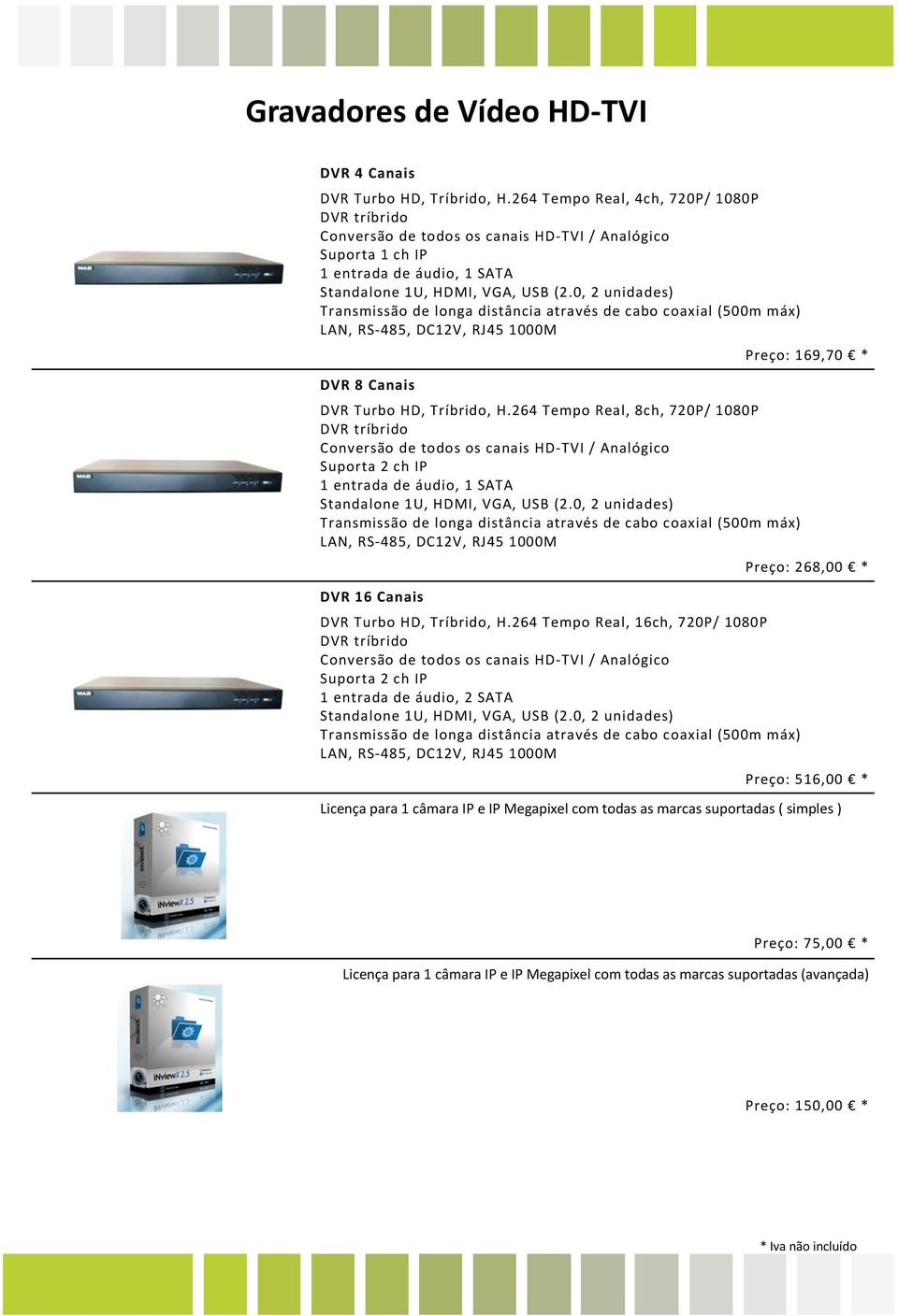 0, 2 unidades) Transmissão de longa distância através de cabo coaxial (500m máx) LAN, RS-485, DC12V, RJ45 1000M DVR 8 Canais DVR Turbo HD, Tríbrido, H.