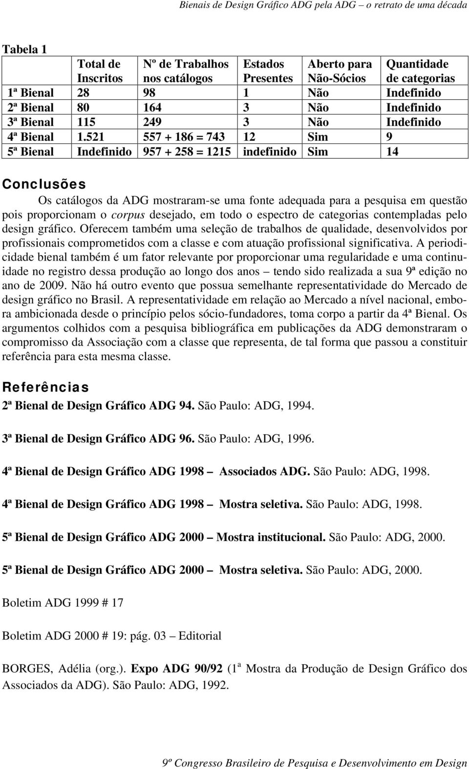 521 557 + 186 = 743 12 Sim 9 5ª Bienal Indefinido 957 + 258 = 1215 indefinido Sim 14 Conclusões Os catálogos da ADG mostraram-se uma fonte adequada para a pesquisa em questão pois proporcionam o