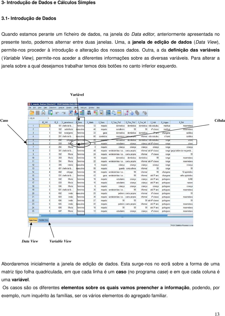 Uma, a janela de edição de dados (Data View), permite-nos proceder à introdução e alteração dos nossos dados.