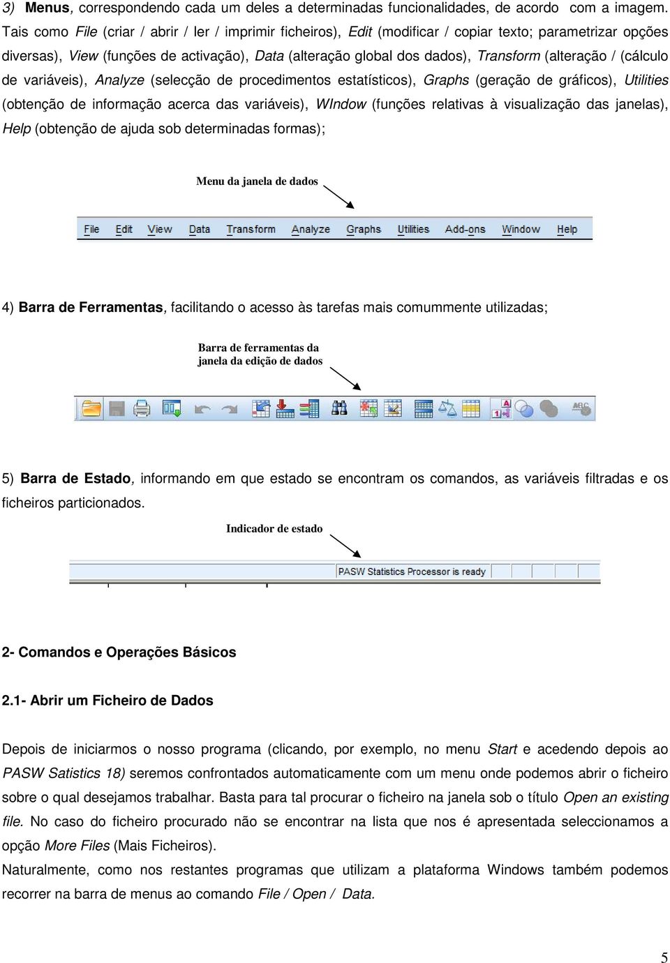 (alteração / (cálculo de variáveis), Analyze (selecção de procedimentos estatísticos), Graphs (geração de gráficos), Utilities (obtenção de informação acerca das variáveis), WIndow (funções relativas