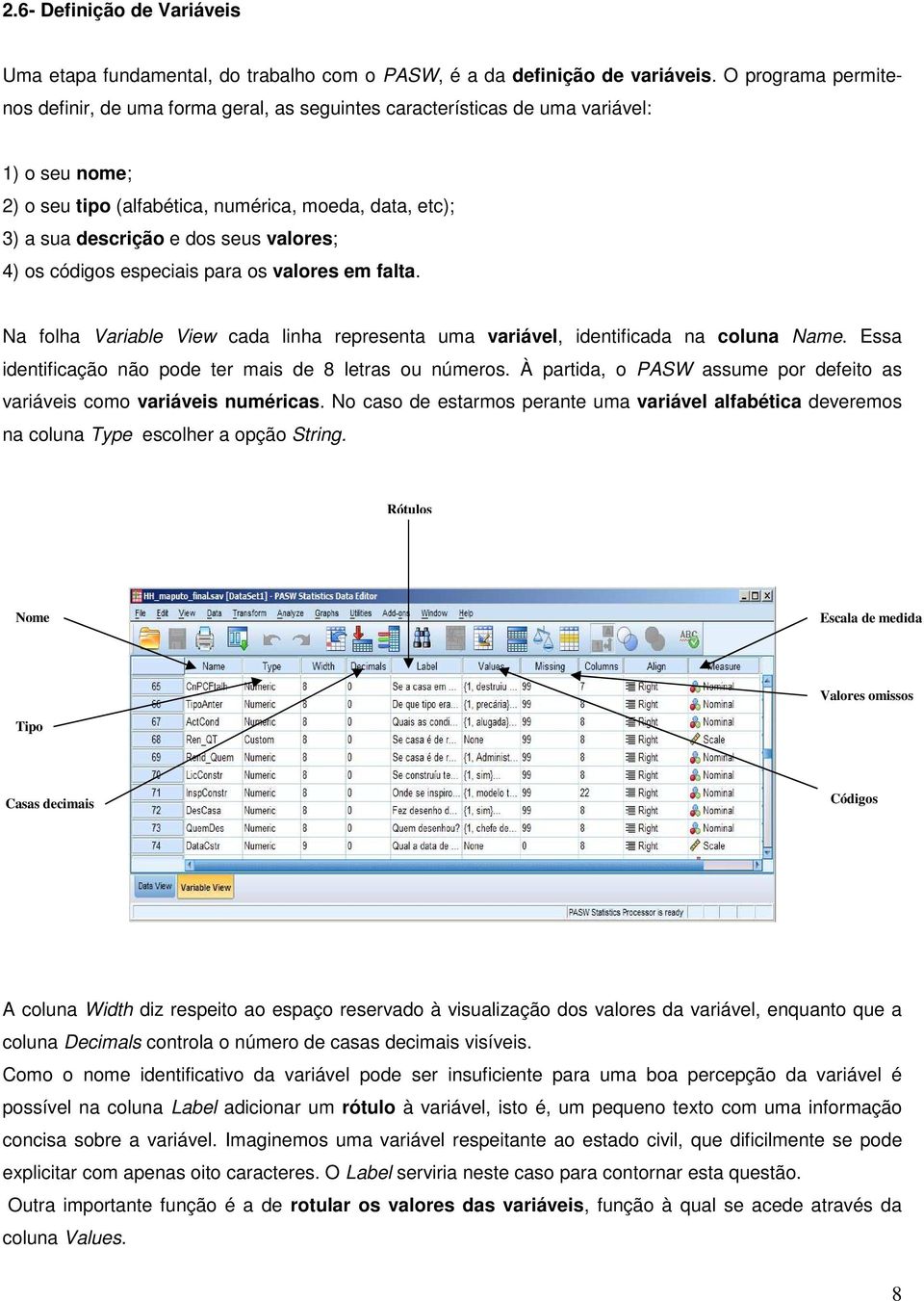 valores; 4) os códigos especiais para os valores em falta. Na folha Variable View cada linha representa uma variável, identificada na coluna Name.