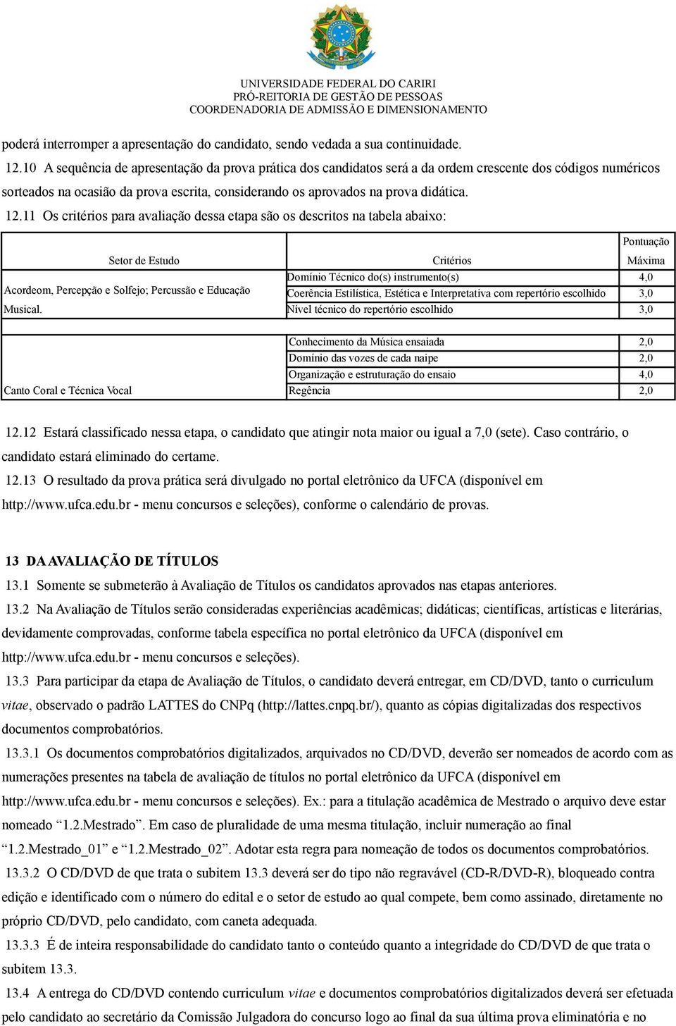 11 Os critérios para avaliação dessa etapa são os descritos na tabela abaixo: Pontuação Setor de Estudo Acordeom, Percepção e Solfejo; Percussão e Educação Musical.