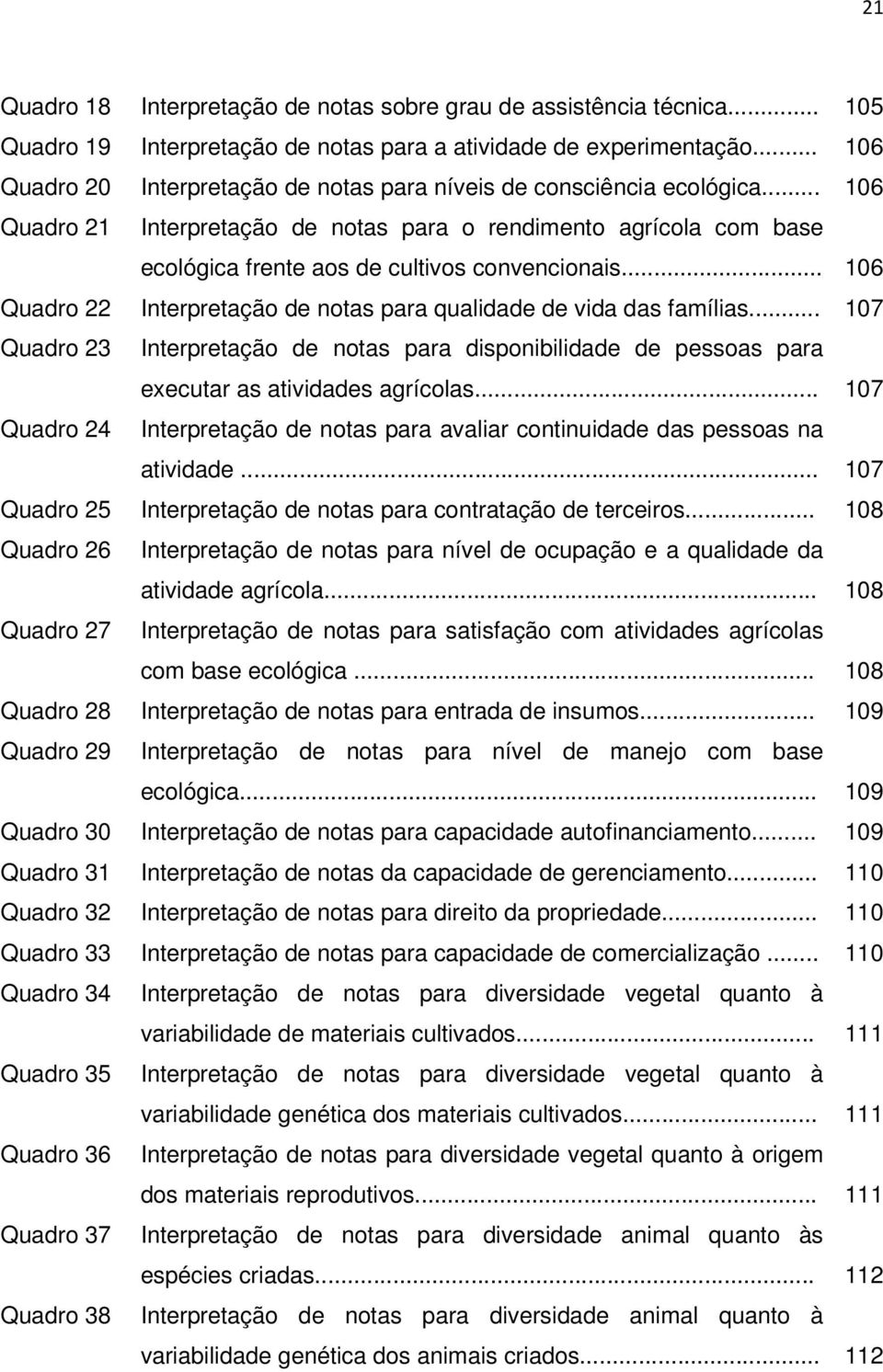 .. 106 Quadro 22 Interpretação de notas para qualidade de vida das famílias... 107 Quadro 23 Interpretação de notas para disponibilidade de pessoas para executar as atividades agrícolas.