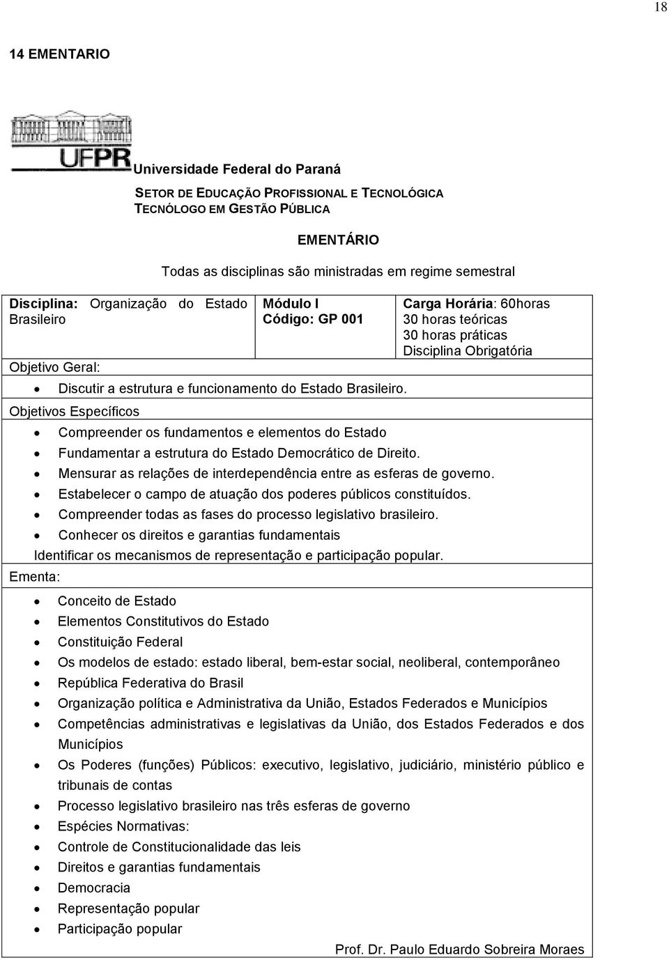 Carga Horária: 60horas 30 horas teóricas 30 horas práticas Disciplina Obrigatória Mensurar as relações de interdependência entre as esferas de governo.