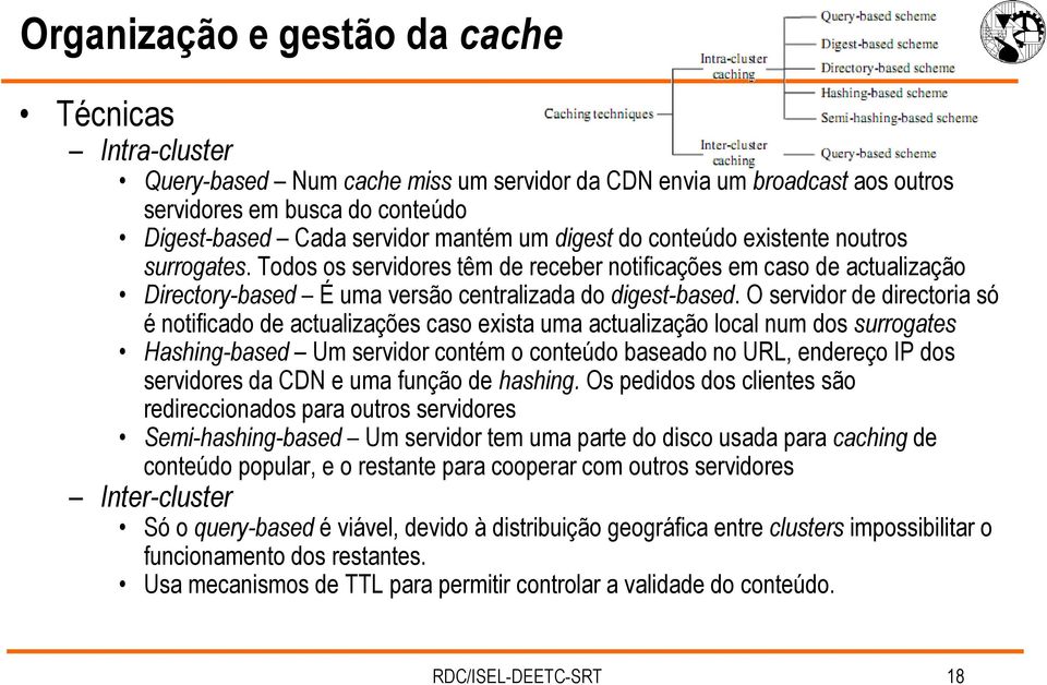 O servidor de directoria só é notificado de actualizações caso exista uma actualização local num dos surrogates Hashing-based Um servidor contém o conteúdo baseado no URL, endereço IP dos servidores