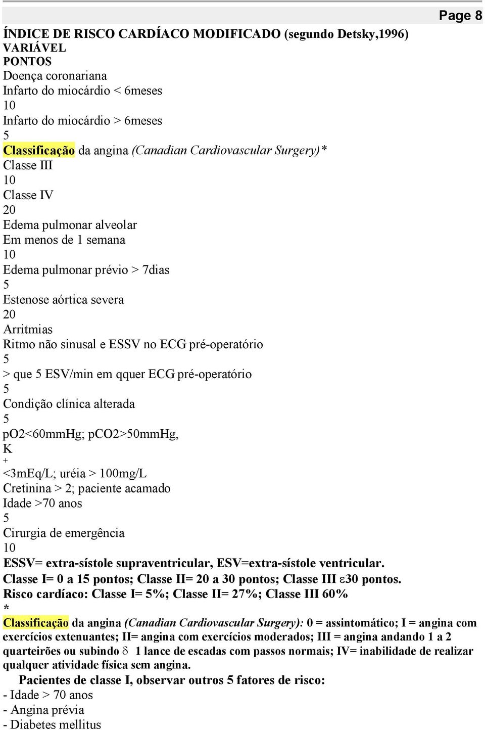 ECG pré-operatório 5 > que 5 ESV/min em qquer ECG pré-operatório 5 Condição clínica alterada 5 po2<60mmhg; pco2>50mmhg, K + <3mEq/L; uréia > 100mg/L Cretinina > 2; paciente acamado Idade >70 anos 5