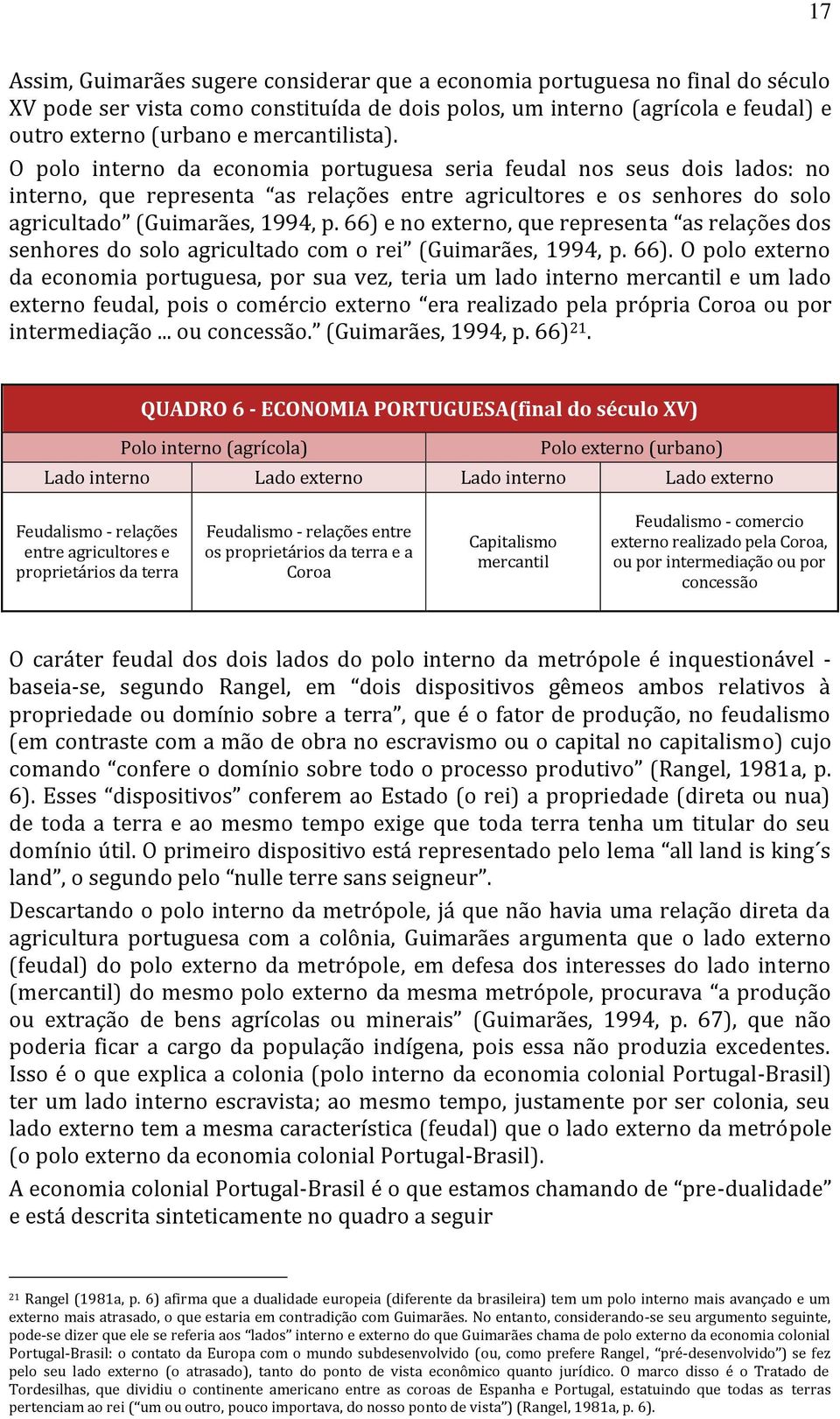 66) e no externo, que representa as relações dos senhores do solo agricultado com o rei (Guimarães, 1994, p. 66).