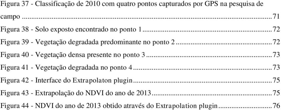 .. 72 Figura 40 - Vegetação densa presente no ponto 3... 73 Figura 41 - Vegetação degradada no ponto 4.