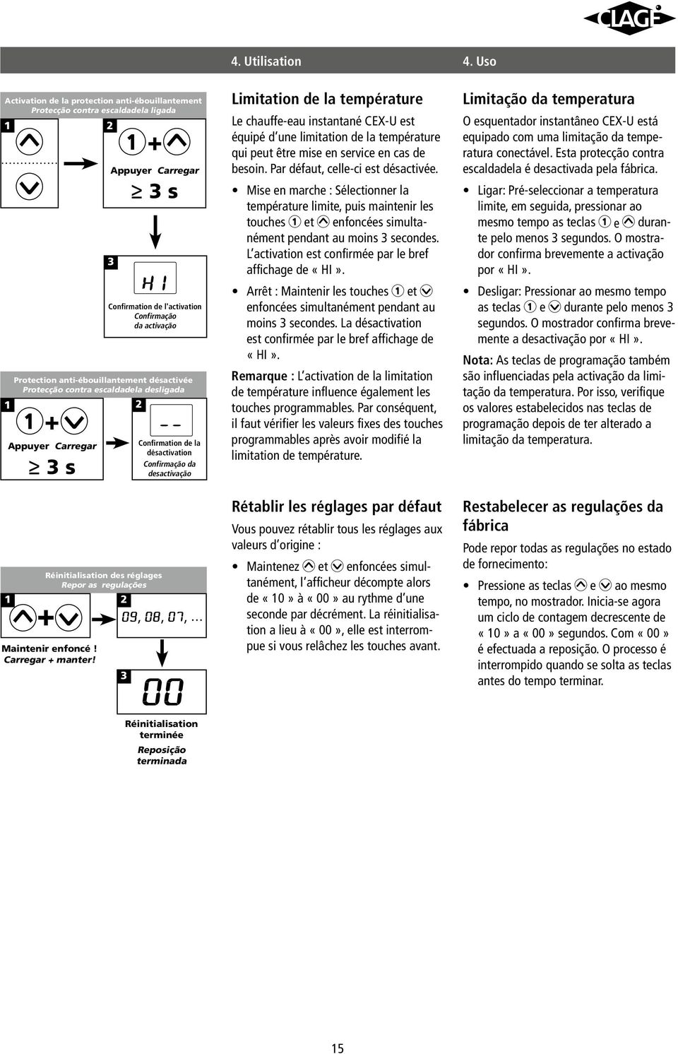 Réinitialisation des réglages Repor as regulações 2 + Maintenir enfoncé! Carregar + manter!