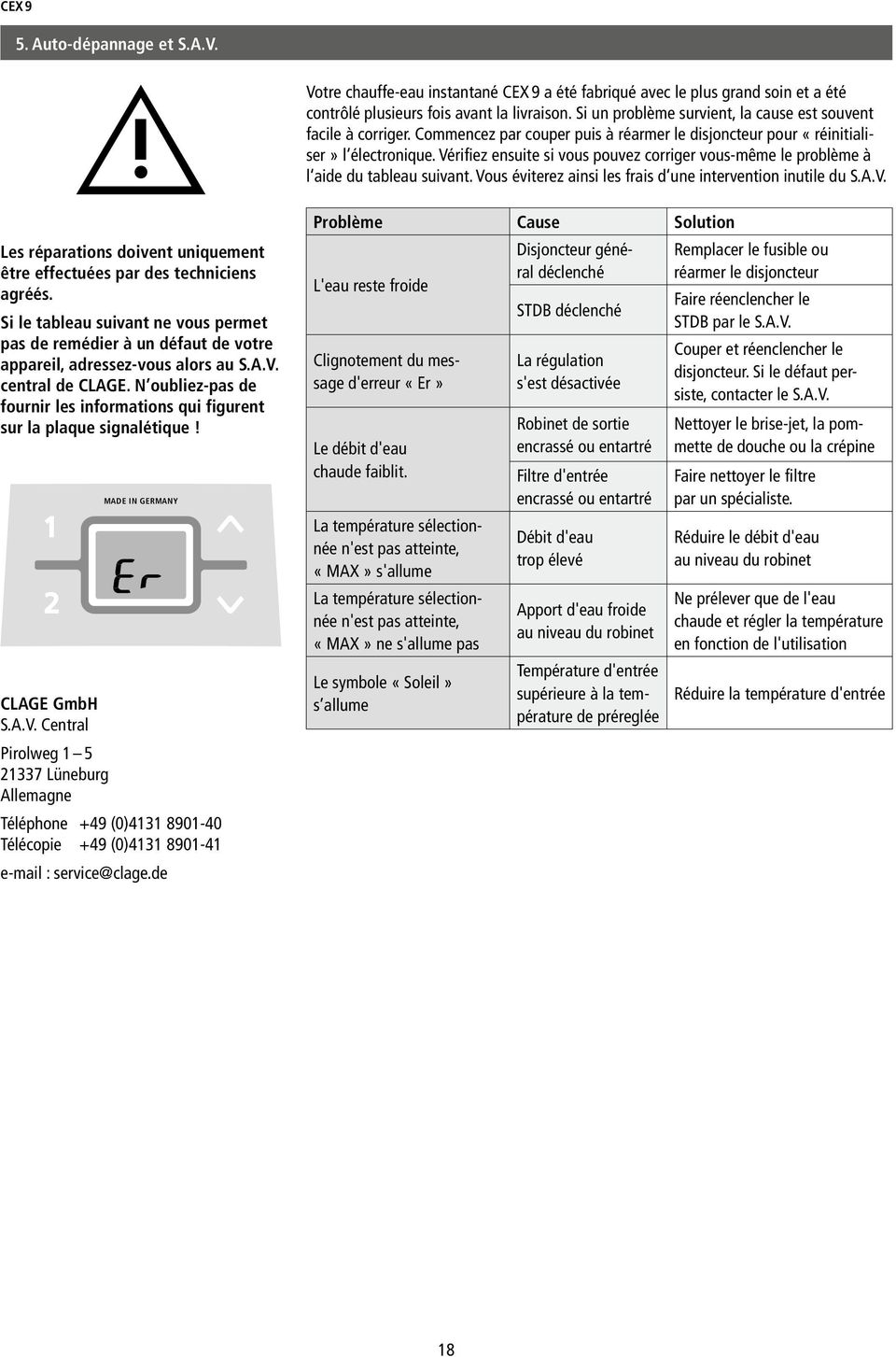 Vérifiez ensuite si vous pouvez corriger vous-même le problème à l aide du tableau suivant. Vous éviterez ainsi les frais d une intervention inutile du S.A.V. Les réparations doivent uniquement être effectuées par des techniciens agréés.