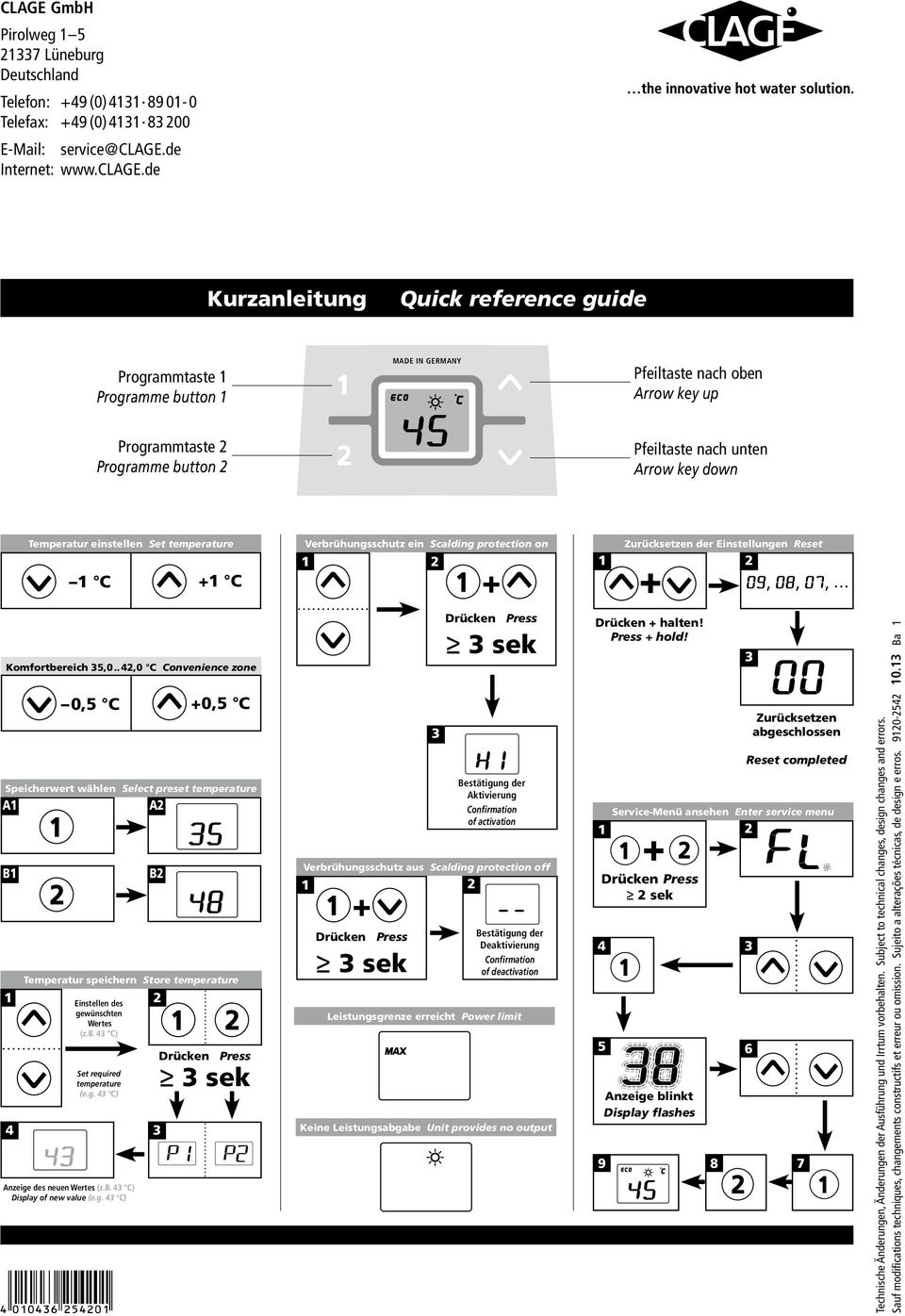 Arrow key down Temperatur einstellen Set temperature C + C Verbrühungsschutz ein Scalding protection on 2 + Zurücksetzen der Einstellungen Reset 2 + Komfortbereich 35,0.