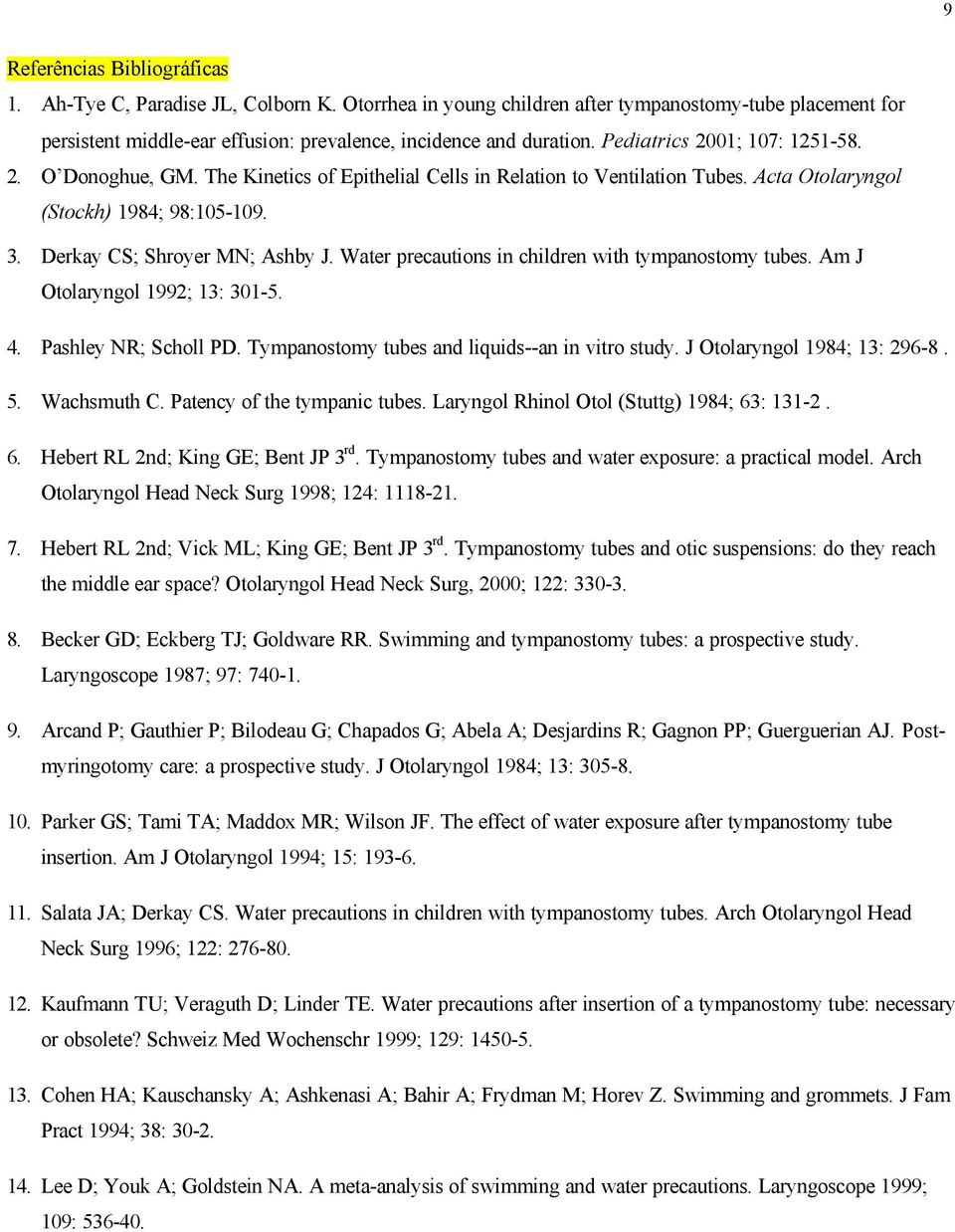 Water precautions in children with tympanostomy tubes. Am J Otolaryngol 1992; 13: 301-5. 4. Pashley NR; Scholl PD. Tympanostomy tubes and liquids--an in vitro study. J Otolaryngol 1984; 13: 296-8. 5.