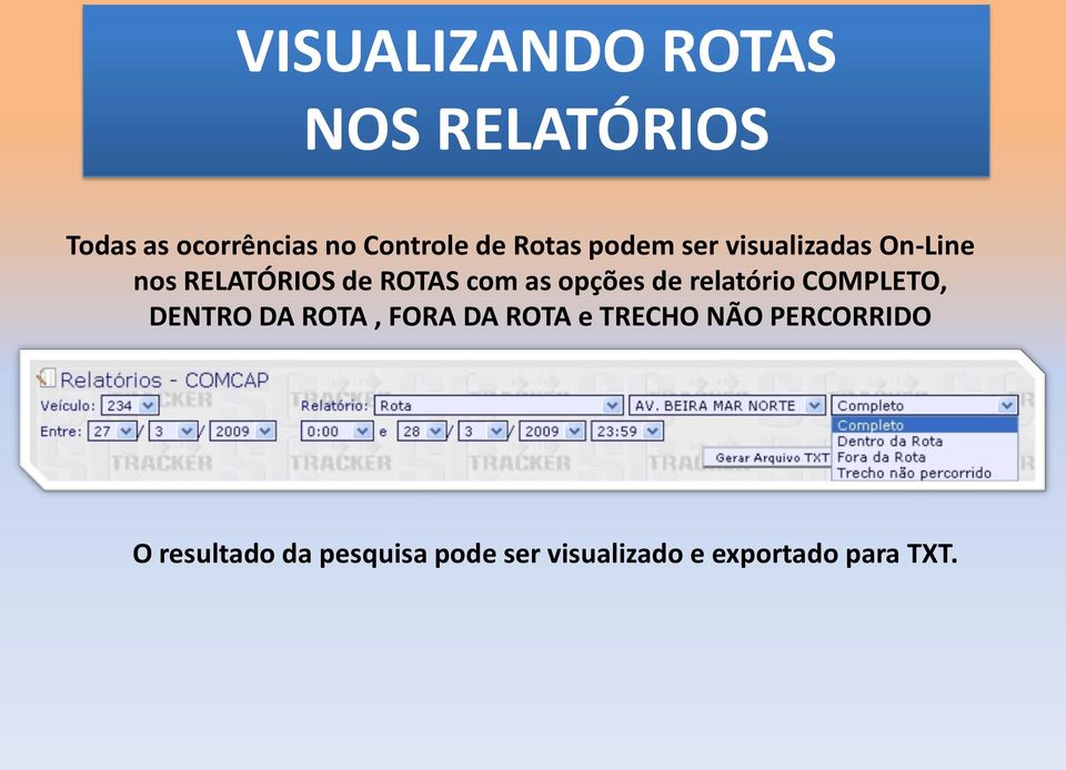 opções de relatório COMPLETO, DENTRO DA ROTA, FORA DA ROTA e TRECHO NÃO