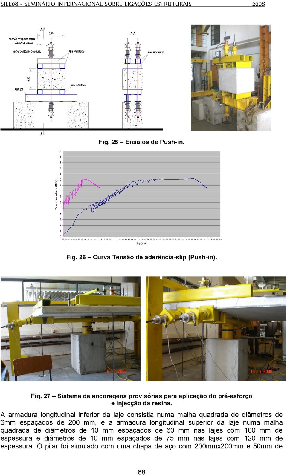 6,6 6,8 7,0 7,2 7,4 7,6 7,8 8,0 8,2 8,4 8,6 8,8 9,0 9,2 9,4 9,6 9,8 10,0 Slip (m m) Fig. 26 Curva Tensão de aderência-slip (Push-in). Fig. 27 Sistema de ancoragens provisórias para aplicação do pré-esforço e injecção da resina.