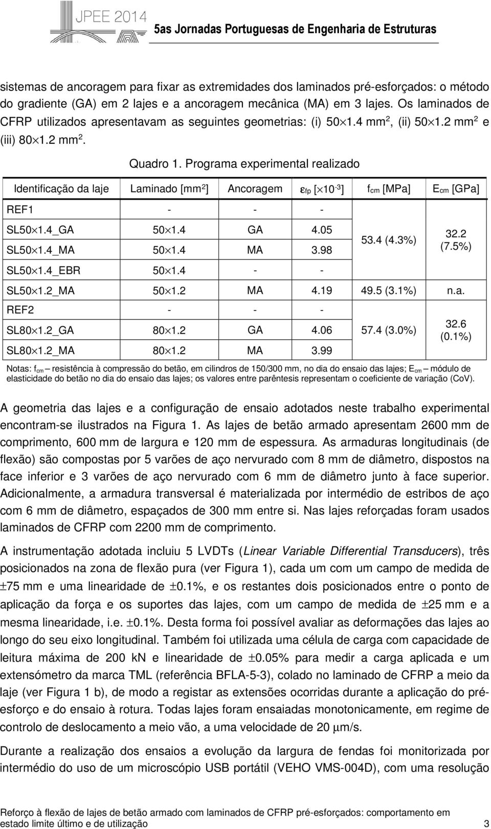 Programa experimental realizado Identificação da laje Laminado [mm 2 ] Ancoragem εfp [ 10-3 ] fcm [MPa] Ecm [GPa] REF1 - - - SL50 1.4_GA 50 1.4 GA 4.05 SL50 1.4_MA 50 1.4 MA 3.98 SL50 1.4_EBR 50 1.