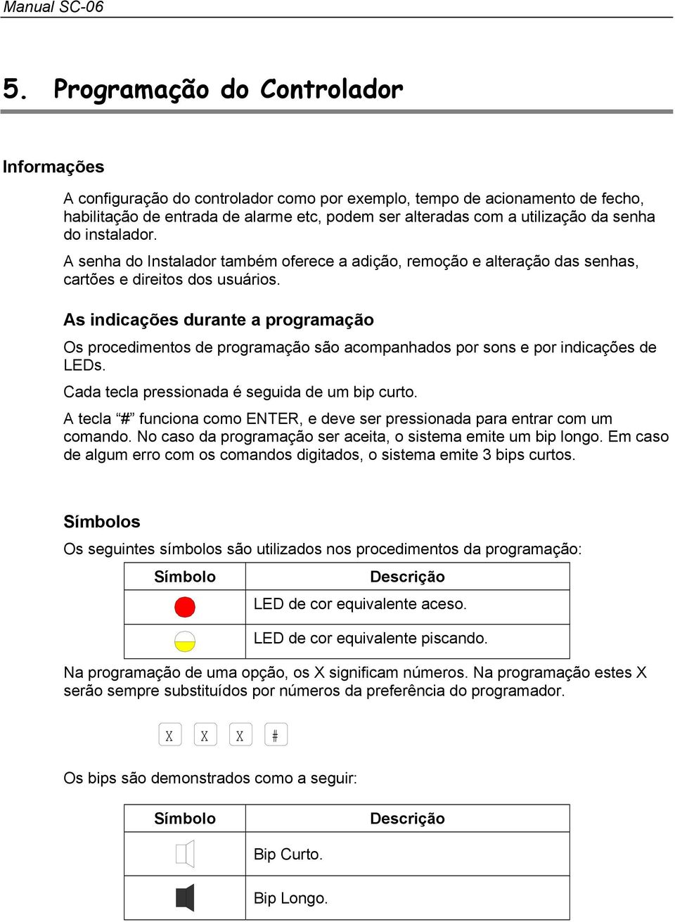 As indicações durante a programação Os procedimentos de programação são acompanhados por sons e por indicações de LEDs. Cada tecla pressionada é seguida de um bip curto.