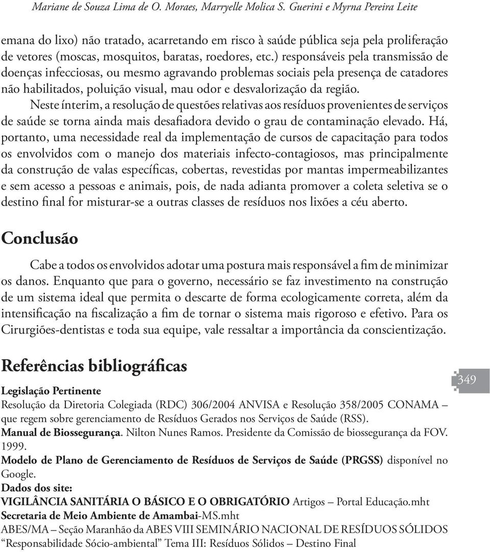 ) responsáveis pela transmissão de doenças infecciosas, ou mesmo agravando problemas sociais pela presença de catadores não habilitados, poluição visual, mau odor e desvalorização da região.