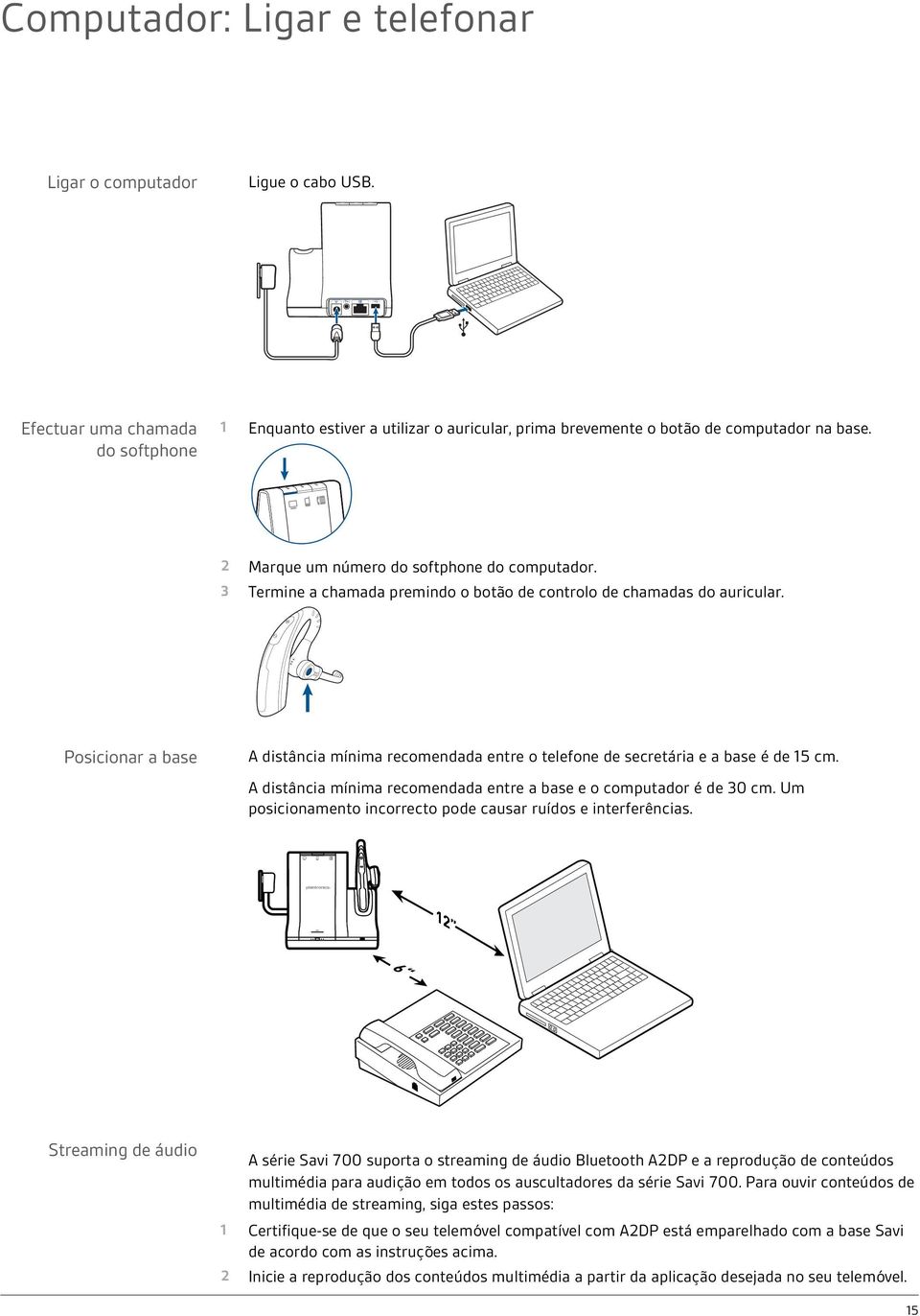 Posicionar a base A distância mínima recomendada entre o telefone de secretária e a base é de 15 cm. A distância mínima recomendada entre a base e o computador é de 30 cm.