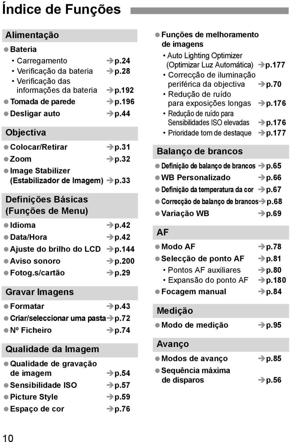 29 Gravar Imagens Formatar p.43 Criar/seleccionar uma pasta p.72 Nº Ficheiro p.74 Qualidade da Imagem Qualidade de gravação de imagem Sensibilidade ISO Picture Style Espaço de cor p.54 p.57 p.59 p.