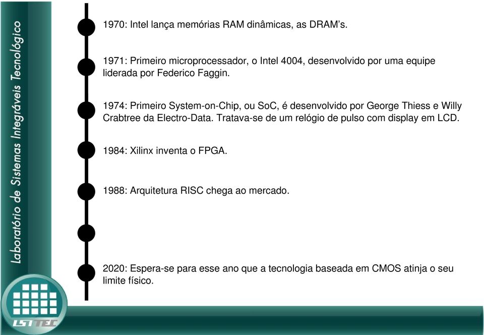 1974: Primeiro System on Chip, ou SoC, é desenvolvido por George Thiess e Willy Crabtree da Electro Data.