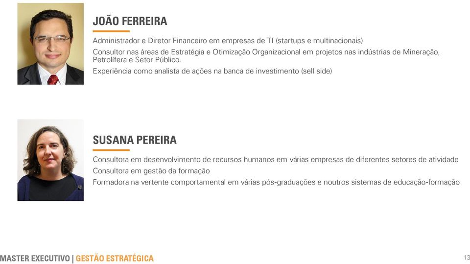 Experiência como analista de ações na banca de investimento (sell side) SUSANA PEREIRA Consultora em desenvolvimento de recursos humanos em várias