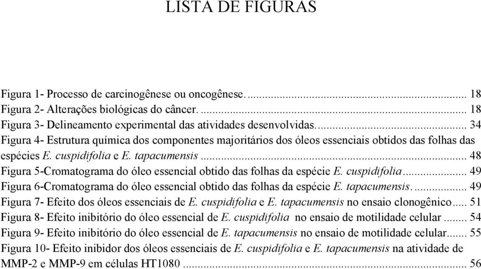 .. 48 Figura 5-Cromatograma do óleo essencial obtido das folhas da espécie E. cuspidifolia... 49 Figura 6-Cromatograma do óleo essencial obtido das folhas da espécie E. tapacumensis.