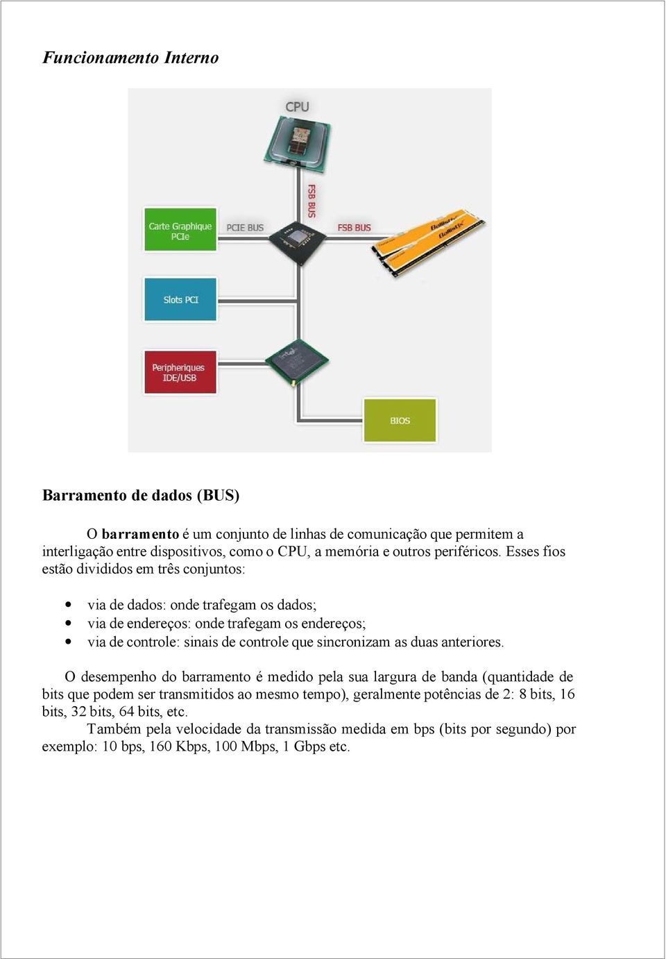 Esses fios estão divididos em três conjuntos: via de dados: onde trafegam os dados; via de endereços: onde trafegam os endereços; via de controle: sinais de controle que