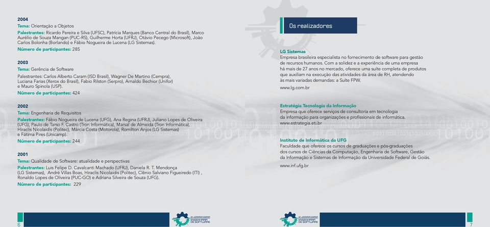 Número de participantes: 285 2003 Tema: Gerência de Software Palestrantes: Carlos Alberto Caram (ISD Brasil), Wagner De Martino (Cempra), Luciana Farias (Xerox do Brasil), Fabio Rilston (Serpro),