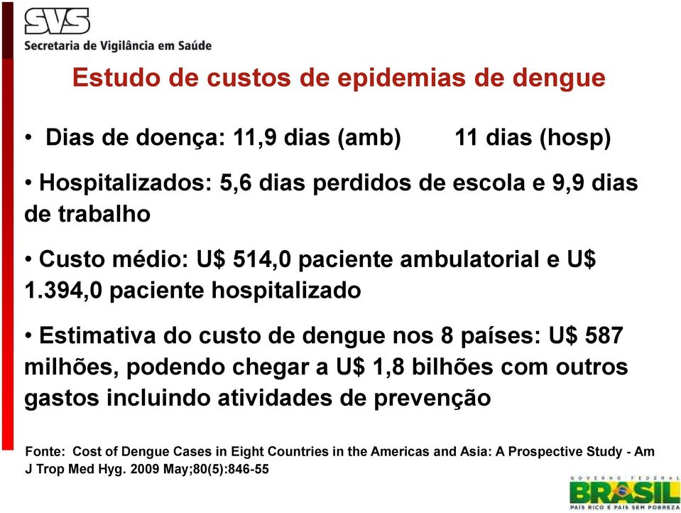 394,0 paciene hospializado Esimaiva do cuso de dengue nos 8 países: U$ 587 milhões, podendo chegar a U$ 1,8 bilhões com