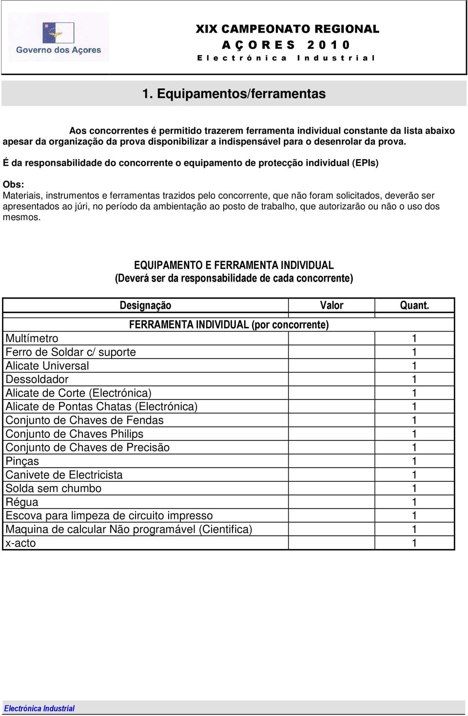 É da responsabilidade do concorrente o equipamento de protecção individual (EPIs) Obs: Materiais, instrumentos e ferramentas trazidos pelo concorrente, que não foram solicitados, deverão ser