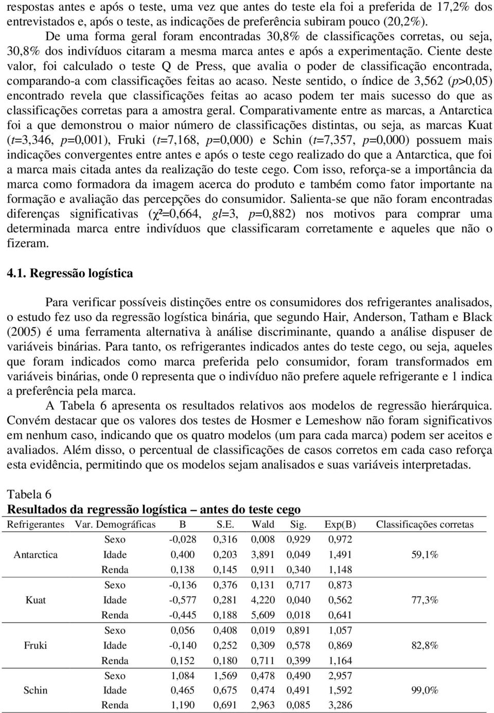 Ciente deste valor, foi calculado o teste Q de Press, que avalia o poder de classificação encontrada, comparando-a com classificações feitas ao acaso.