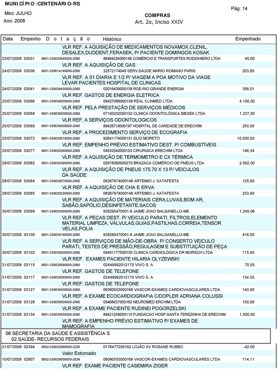 REF. A AQUISIÇÃO DE GAS 24/07/200803036 0601-339014140000-2060 32572174049 SERV.SAUDE MARIO ROMANO PARIS 203,85 VLR REF.