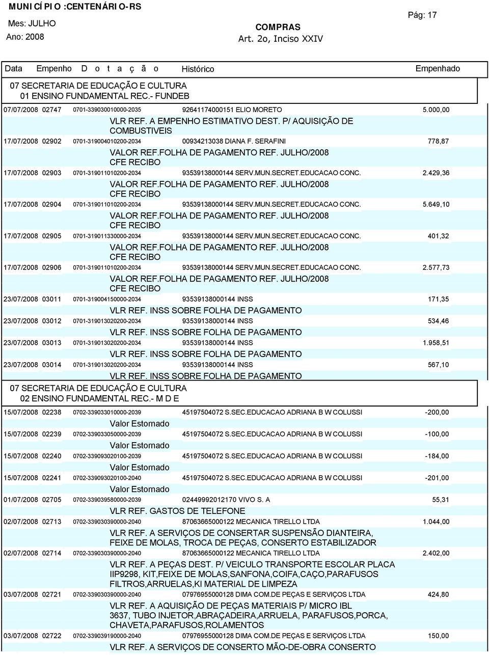 429,36 17/07/200802904 0701-319011010200-2034 93539138000144 SERV.MUN.SECRET.EDUCACAO CONC. 5.649,10 17/07/200802905 0701-319011330000-2034 93539138000144 SERV.MUN.SECRET.EDUCACAO CONC. 401,32 17/07/200802906 0701-319011010200-2034 93539138000144 SERV.